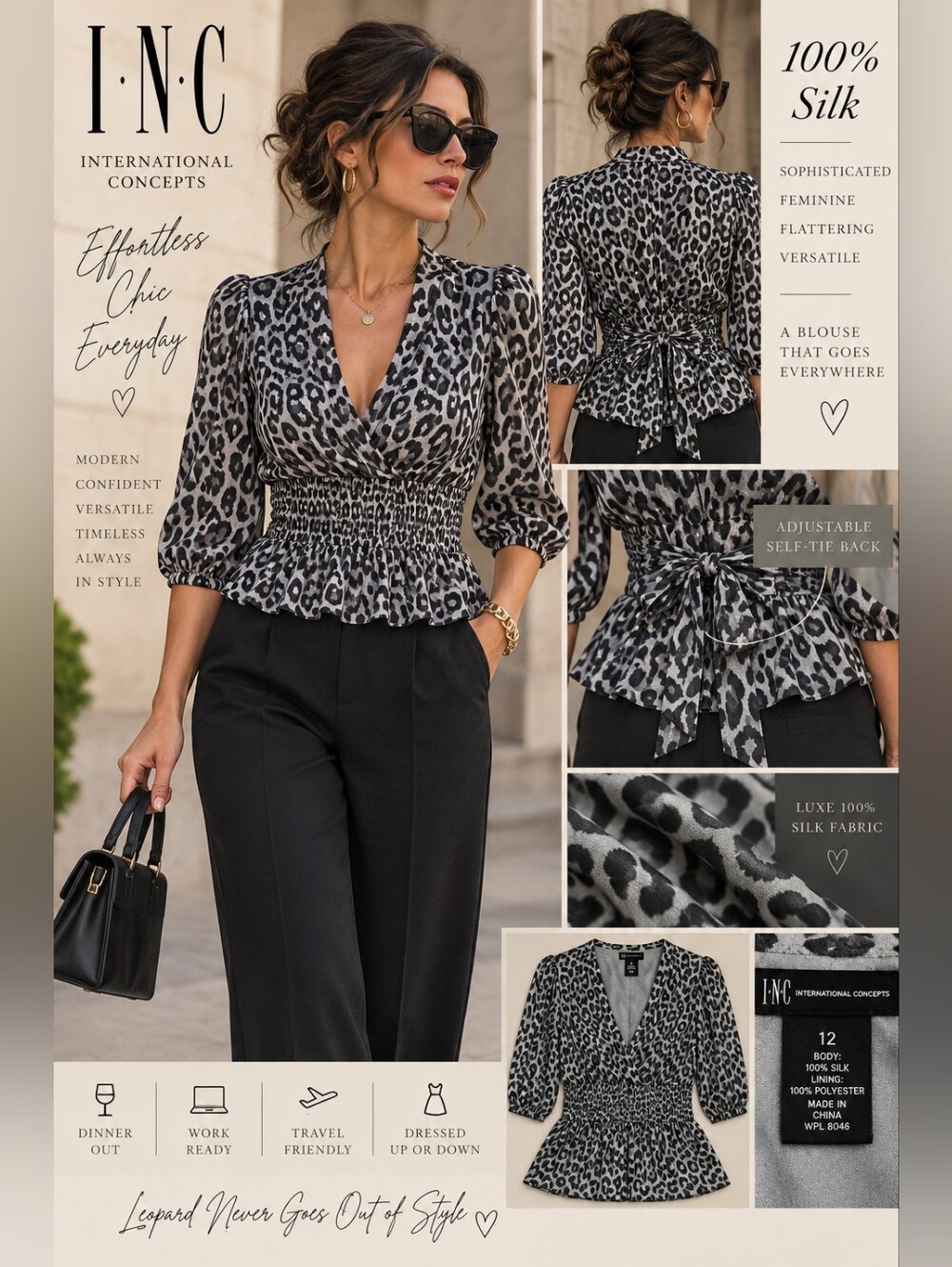 INC International Concepts 100% Silk Leopard Smocked Peplum Blouse Sz 12